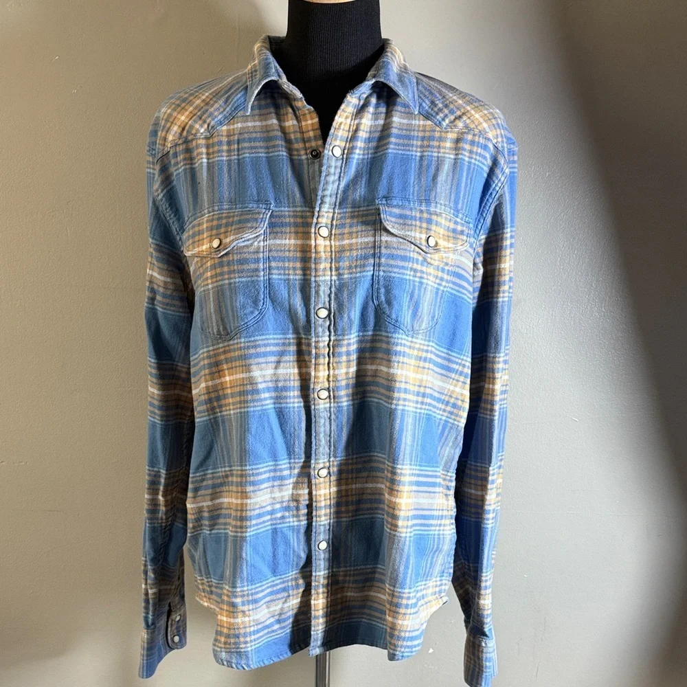 Lucky Brand Santa Fe Western Flannel Shirt Blue Gold White Plaid Snap Closure L